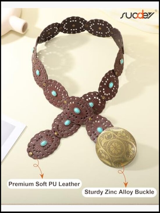 Wide Western Disc Belt with Turquoise Women Cowgirl Cowboy Boho Country Leather main image 6